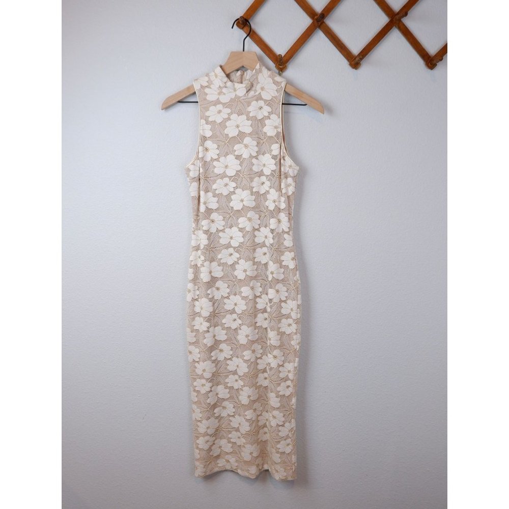 Dress the Population White Lace Floral High Neck Midi Dress, size med